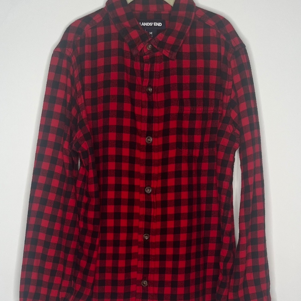 Red and Black Boys Lands End Flannel Button Down Size Medium